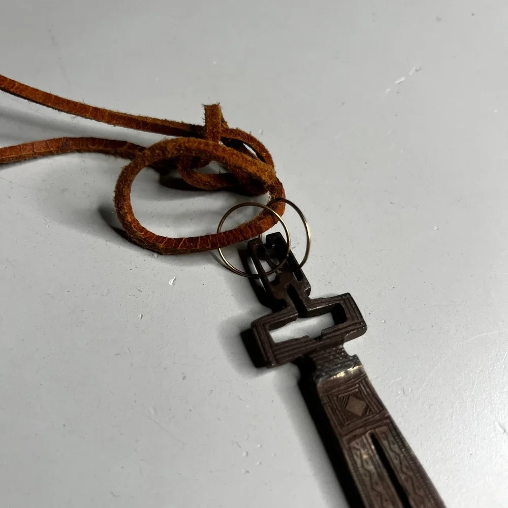 Vintage Tuareg Agadez Cross Pendant Necklace Etched Metal Leather Cord Tribal